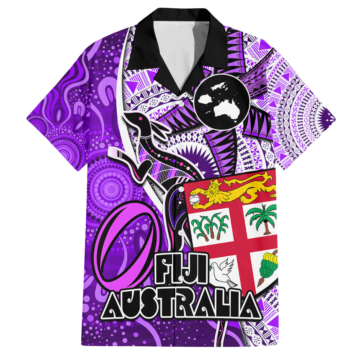 fiji-australia-rugby-family-matching-off-shoulder-short-dress-and-hawaiian-shirt-kangaroo-and-palm-tree-purple-tapa-pattern-mix-aboriginal