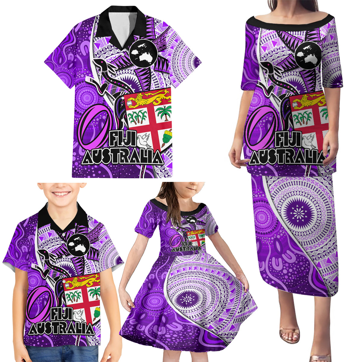 Fiji Australia Rugby Family Matching Puletasi Dress and Hawaiian Shirt Kangaroo and Palm Tree Purple Tapa Pattern Mix Aboriginal LT03 - Polynesian Pride