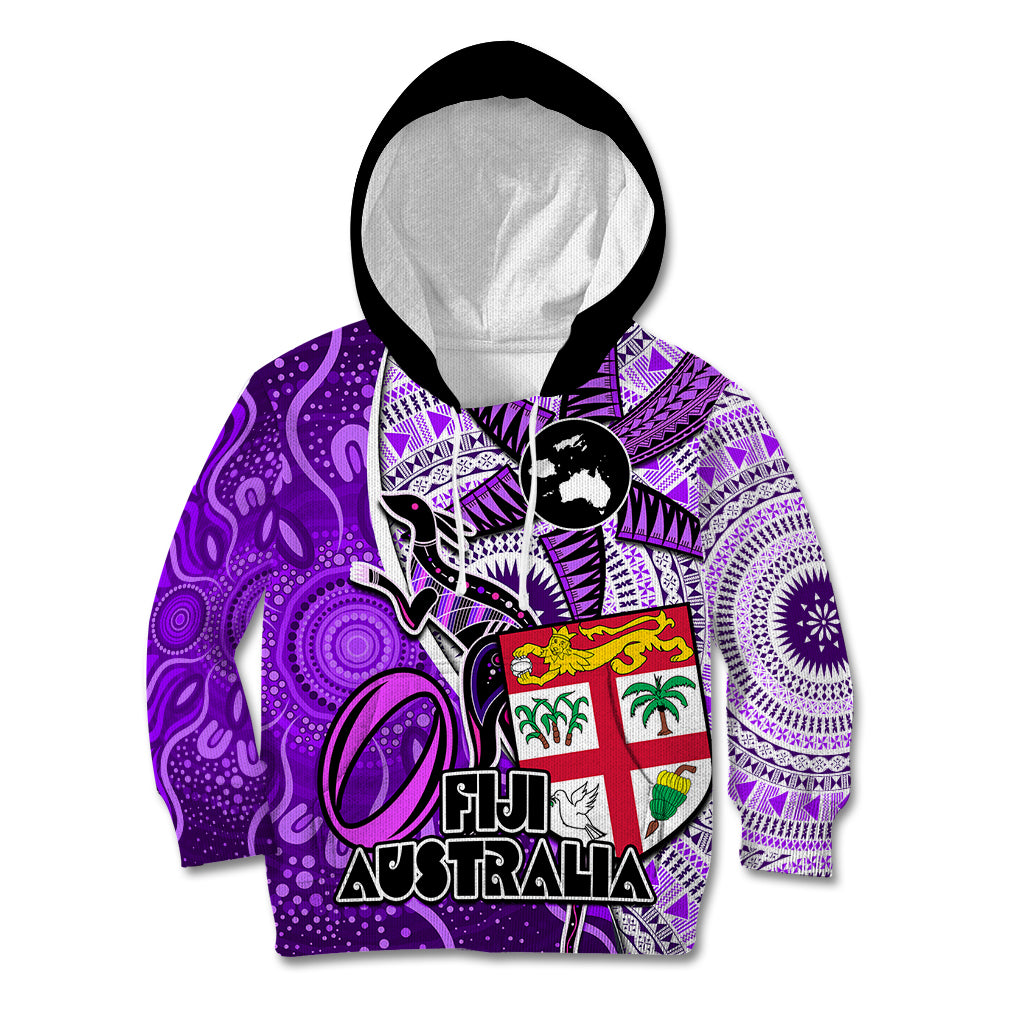 Fiji Australia Rugby Kid Hoodie Kangaroo and Palm Tree Purple Tapa Pattern Mix Aboriginal LT03 Purple - Polynesian Pride