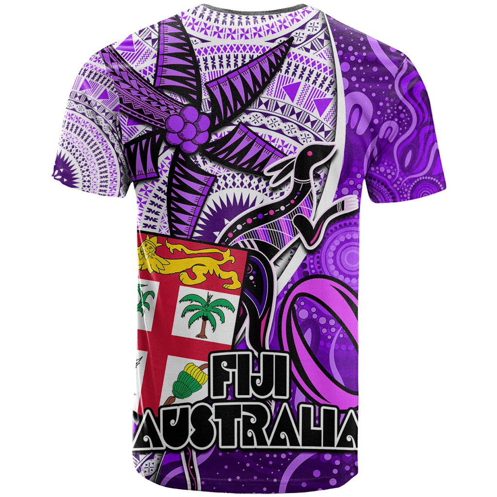 Fiji Australia Rugby T Shirt Kangaroo and Palm Tree Purple Tapa Pattern Mix Aboriginal LT03 - Polynesian Pride