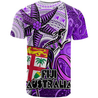 Fiji Australia Rugby T Shirt Kangaroo and Palm Tree Purple Tapa Pattern Mix Aboriginal LT03 - Polynesian Pride