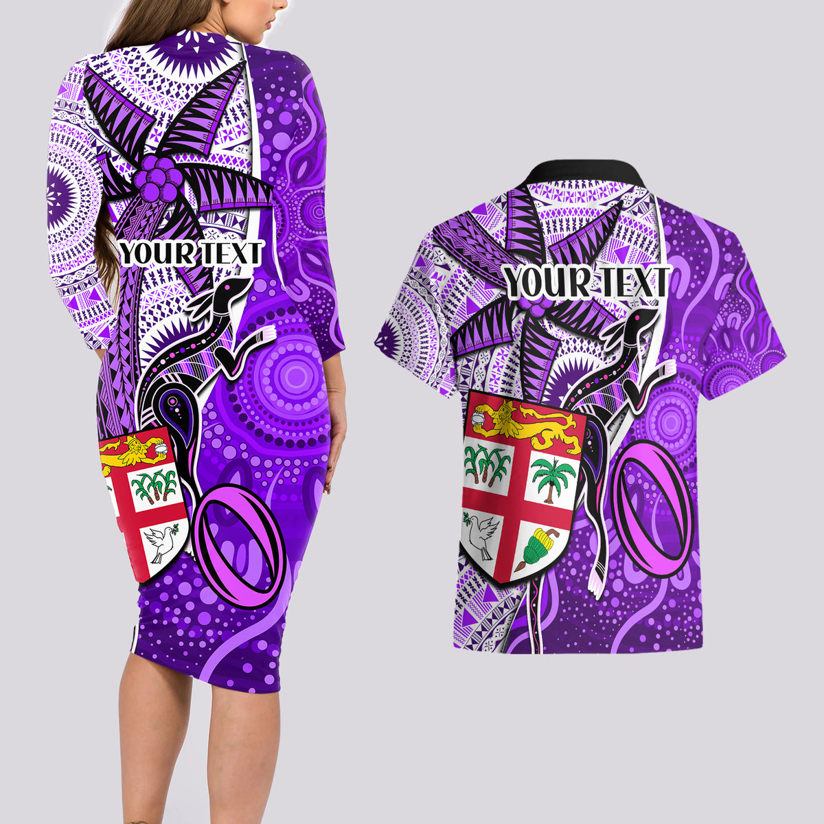 personalised-fiji-australia-rugby-couples-matching-long-sleeve-bodycon-dress-and-hawaiian-shirt-kangaroo-and-palm-tree-purple-tapa-pattern-mix-aboriginal