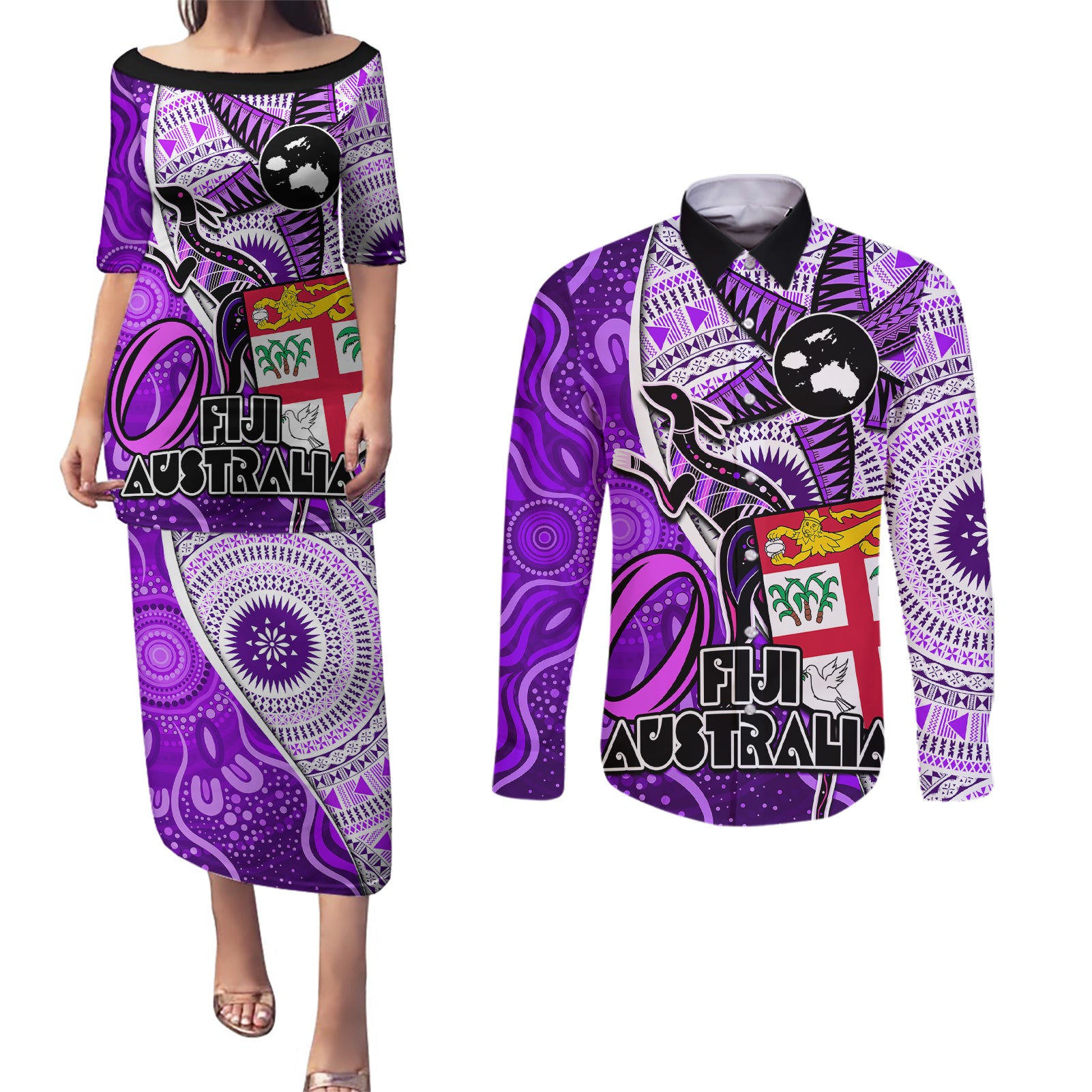 personalised-fiji-australia-rugby-couples-matching-puletasi-dress-and-long-sleeve-button-shirts-kangaroo-and-palm-tree-purple-tapa-pattern-mix-aboriginal