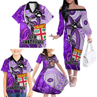 personalised-fiji-australia-rugby-family-matching-off-shoulder-long-sleeve-dress-and-hawaiian-shirt-kangaroo-and-palm-tree-purple-tapa-pattern-mix-aboriginal