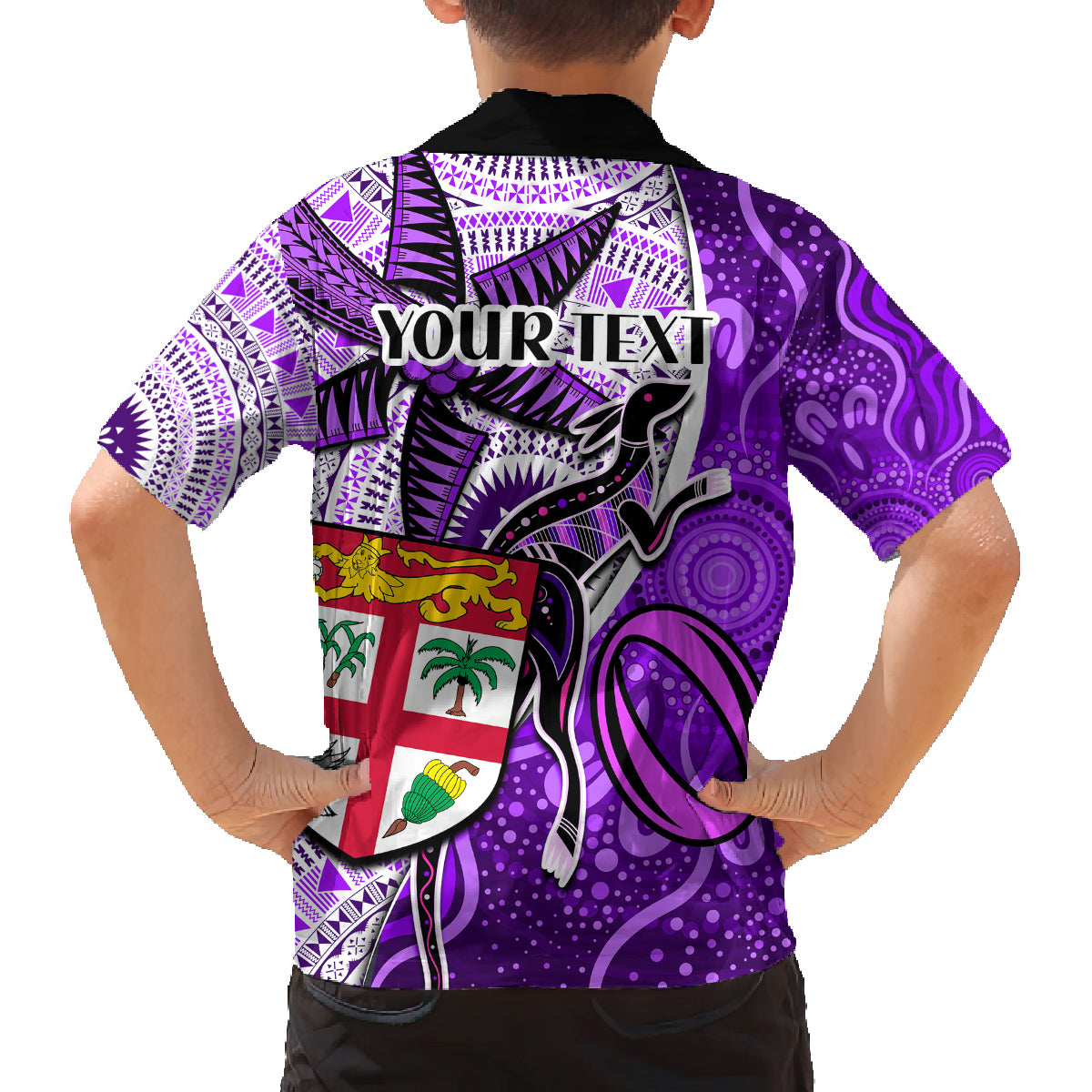 personalised-fiji-australia-rugby-family-matching-off-shoulder-maxi-dress-and-hawaiian-shirt-kangaroo-and-palm-tree-purple-tapa-pattern-mix-aboriginal