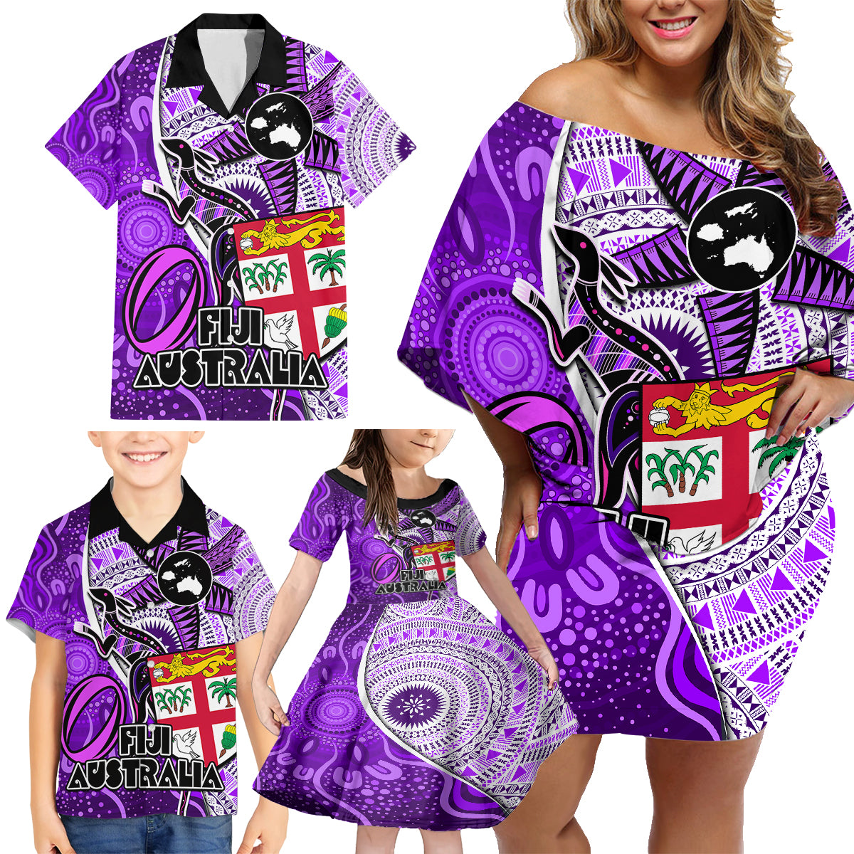 personalised-fiji-australia-rugby-family-matching-off-shoulder-short-dress-and-hawaiian-shirt-kangaroo-and-palm-tree-purple-tapa-pattern-mix-aboriginal