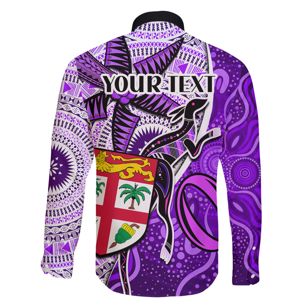 personalised-fiji-australia-rugby-family-matching-off-shoulder-short-dress-and-hawaiian-shirt-kangaroo-and-palm-tree-purple-tapa-pattern-mix-aboriginal