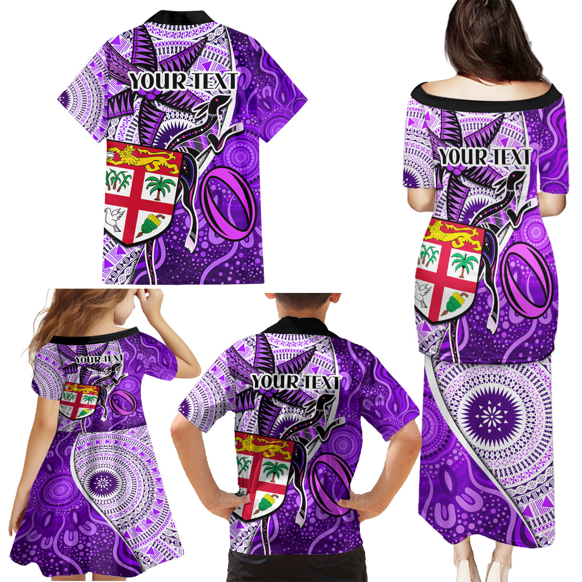Personalised Fiji Australia Rugby Family Matching Puletasi Dress and Hawaiian Shirt Kangaroo and Palm Tree Purple Tapa Pattern Mix Aboriginal LT03 - Polynesian Pride