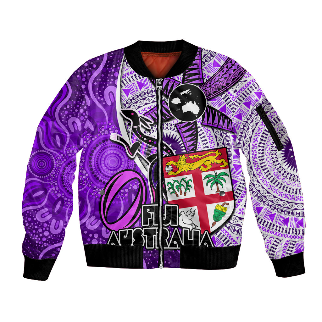 personalised-fiji-australia-rugby-sleeve-zip-bomber-jacket-kangaroo-and-palm-tree-purple-tapa-pattern-mix-aboriginal