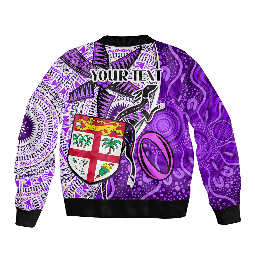 personalised-fiji-australia-rugby-sleeve-zip-bomber-jacket-kangaroo-and-palm-tree-purple-tapa-pattern-mix-aboriginal