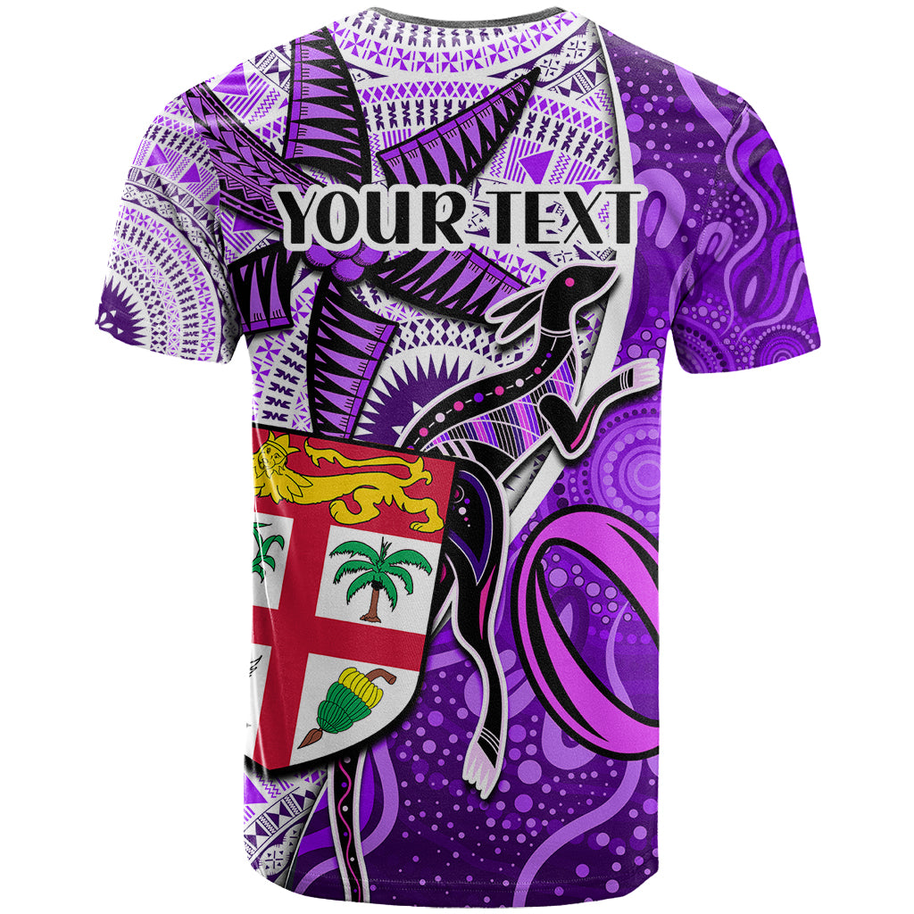 Personalised Fiji Australia Rugby T Shirt Kangaroo and Palm Tree Purple Tapa Pattern Mix Aboriginal LT03 - Polynesian Pride