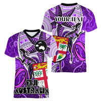 personalised-fiji-australia-rugby-women-v-neck-t-shirt-kangaroo-and-palm-tree-purple-tapa-pattern-mix-aboriginal