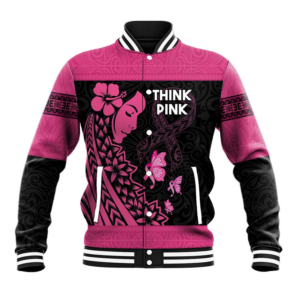 Breast Cancer Awareness Baseball Jacket Think Pink Polynesian Ribbon and Butterfly