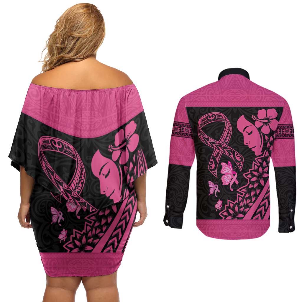 Breast Cancer Awareness Couples Matching Off Shoulder Short Dress and Long Sleeve Button Shirt Think Pink Polynesian Ribbon and Butterfly