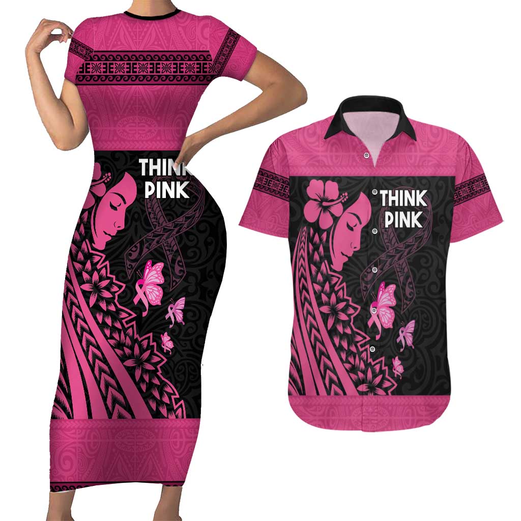 Breast Cancer Awareness Couples Matching Short Sleeve Bodycon Dress and Hawaiian Shirt Think Pink Polynesian Ribbon and Butterfly