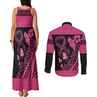 Breast Cancer Awareness Couples Matching Tank Maxi Dress and Long Sleeve Button Shirt Think Pink Polynesian Ribbon and Butterfly