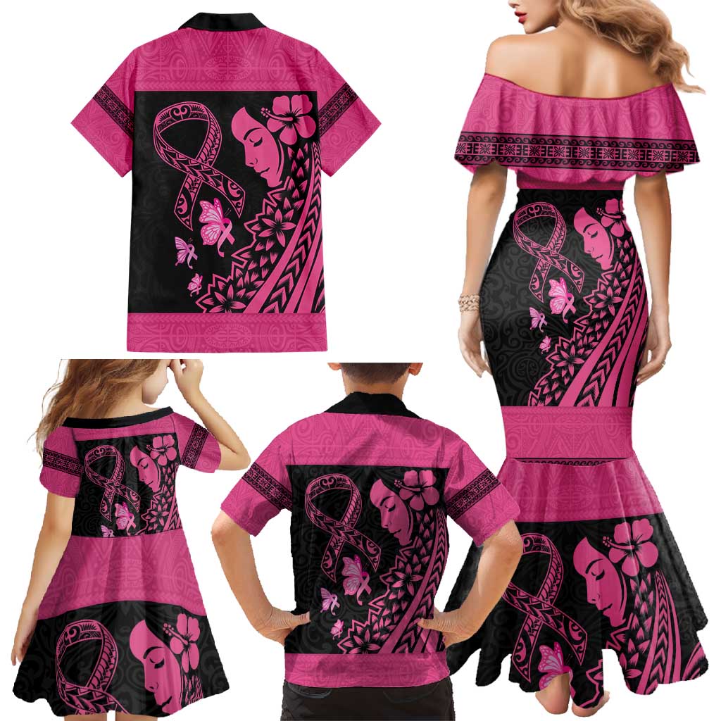 Breast Cancer Awareness Family Matching Mermaid Dress and Hawaiian Shirt Think Pink Polynesian Ribbon and Butterfly