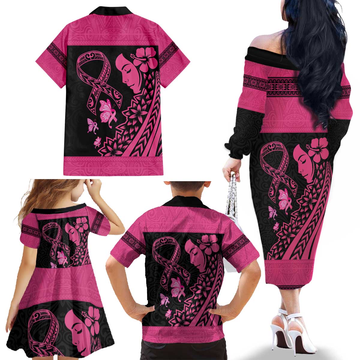 Breast Cancer Awareness Family Matching Off The Shoulder Long Sleeve Dress and Hawaiian Shirt Think Pink Polynesian Ribbon and Butterfly