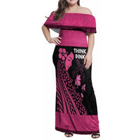 Breast Cancer Awareness Family Matching Off Shoulder Maxi Dress and Hawaiian Shirt Think Pink Polynesian Ribbon and Butterfly
