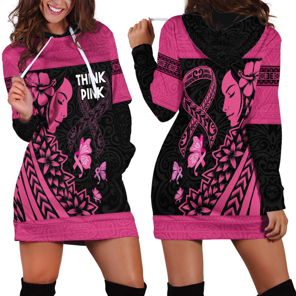 Breast Cancer Awareness Hoodie Dress Think Pink Polynesian Ribbon and Butterfly
