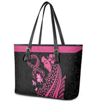 Breast Cancer Awareness Leather Tote Bag Think Pink Polynesian Ribbon and Butterfly