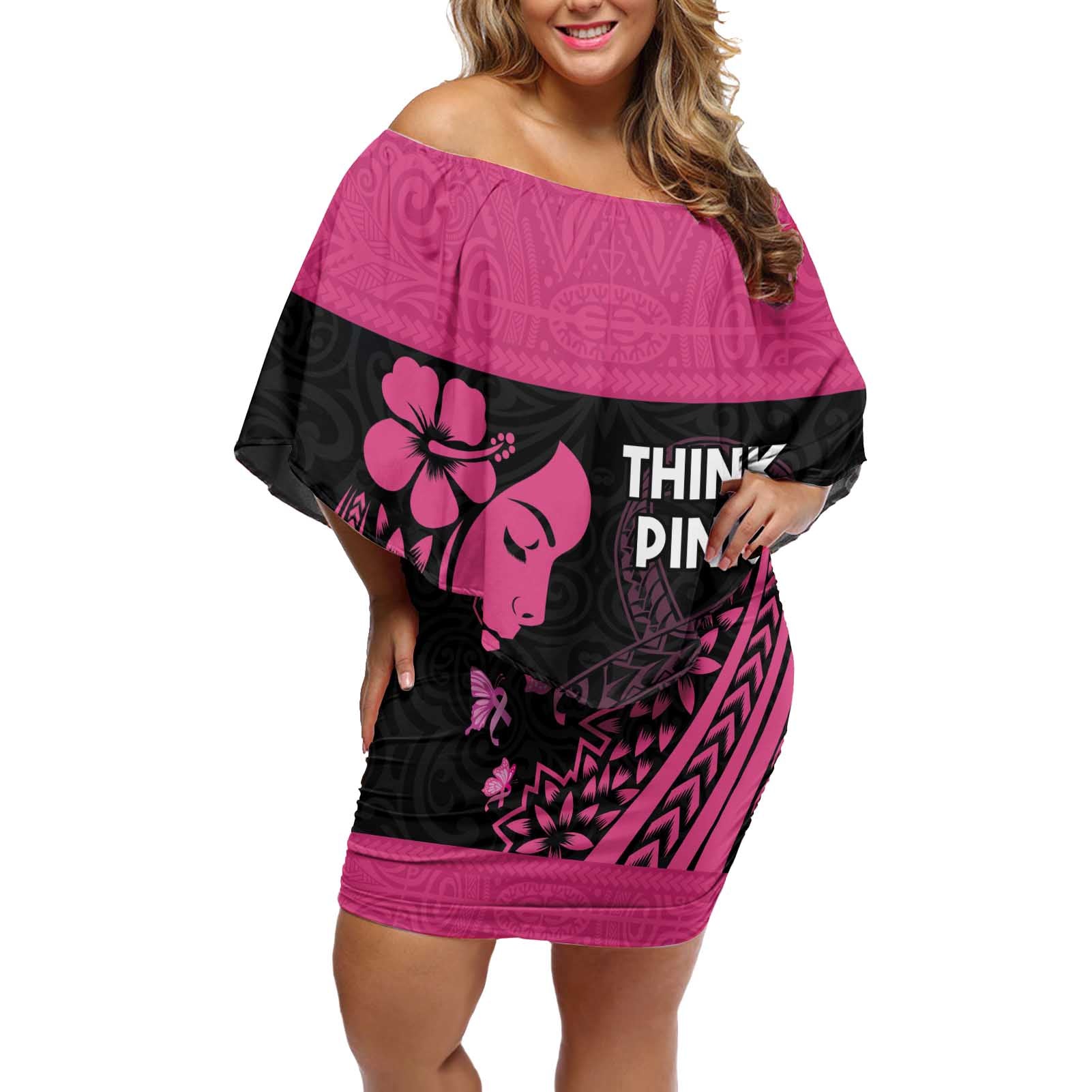 Breast Cancer Awareness Off Shoulder Short Dress Think Pink Polynesian Ribbon and Butterfly