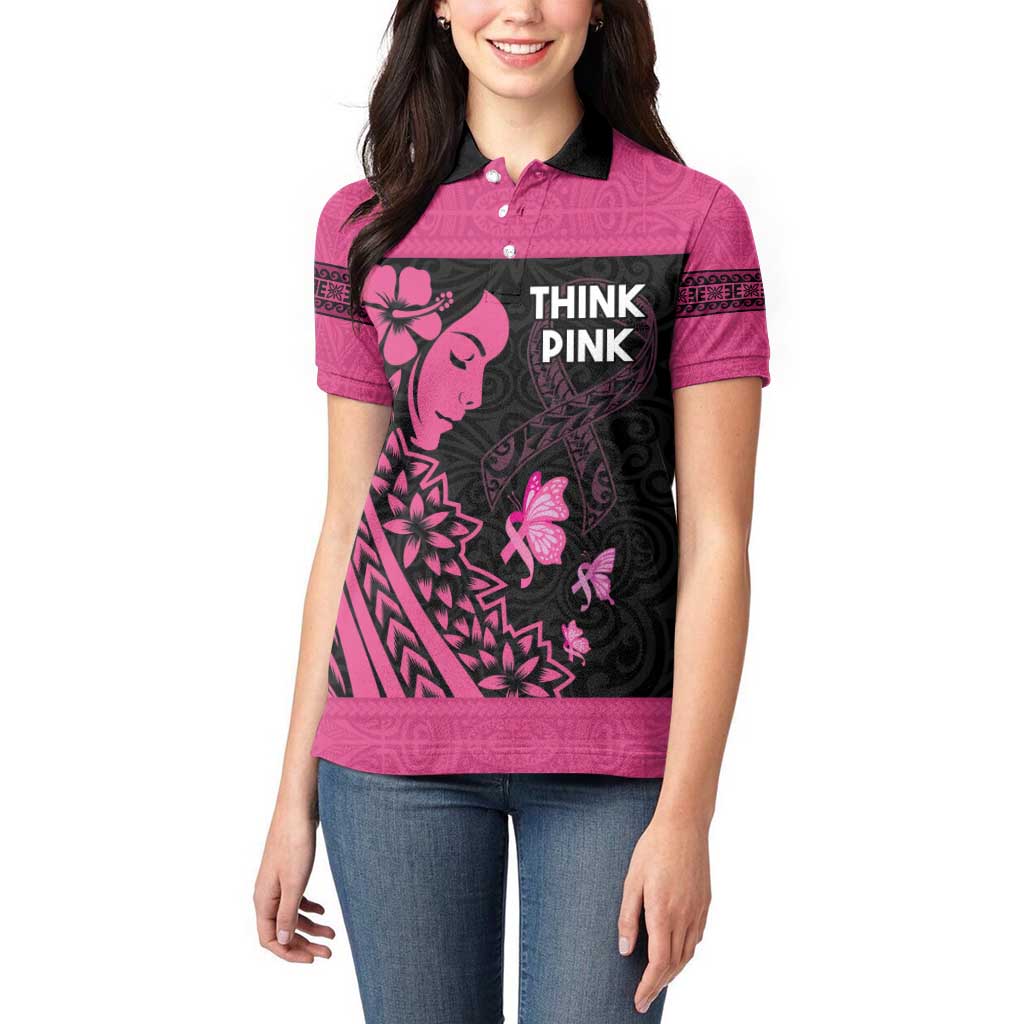 Breast Cancer Awareness Women Polo Shirt Think Pink Polynesian Ribbon and Butterfly