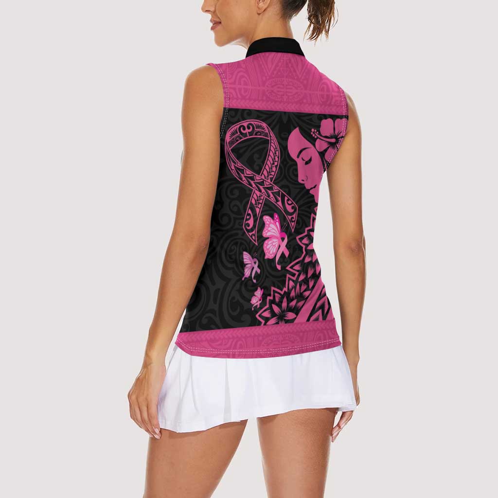 Breast Cancer Awareness Women Sleeveless Polo Shirt Think Pink Polynesian Ribbon and Butterfly
