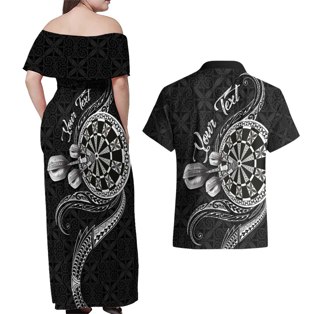 Personalised Niue Darts Masters Couples Matching Off Shoulder Maxi Dress and Hawaiian Shirt Tribal Hiapo Dartboard - Polynesian Pride