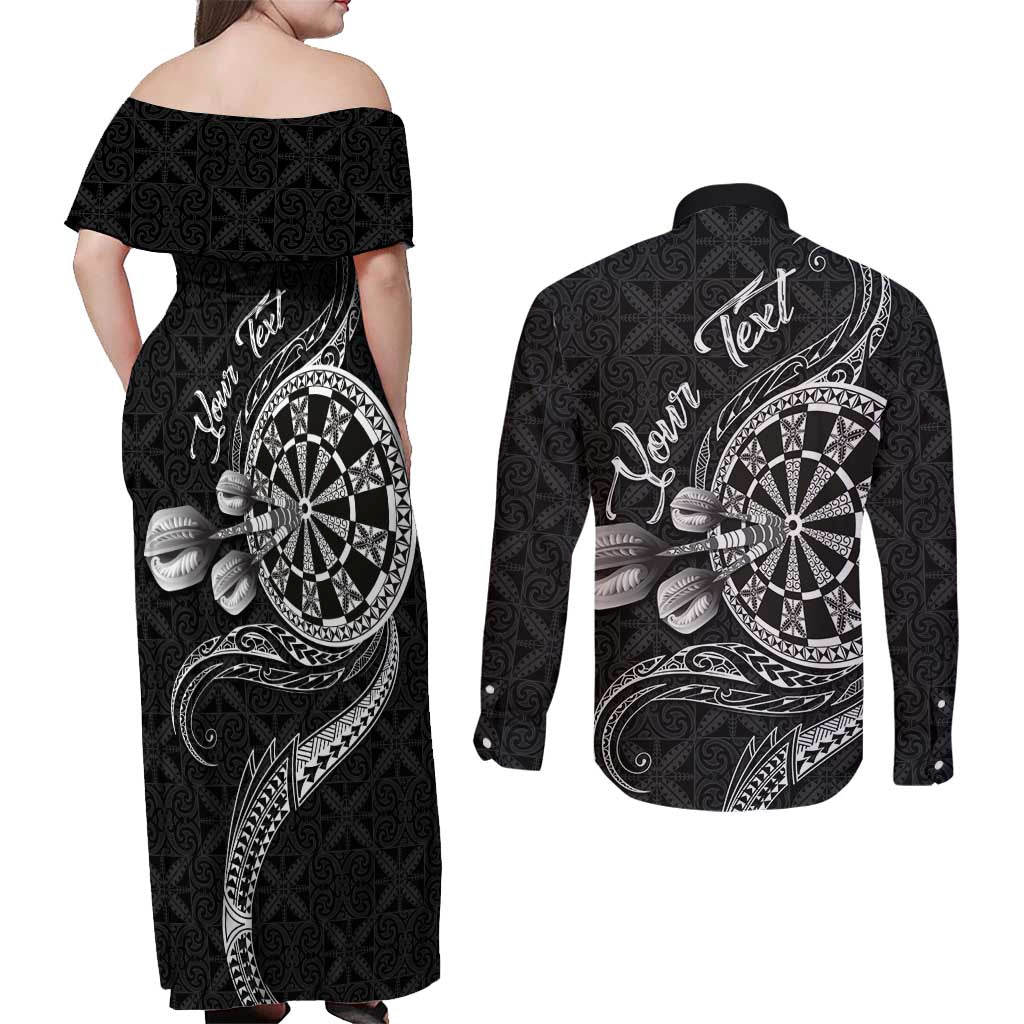 Personalised Niue Darts Masters Couples Matching Off Shoulder Maxi Dress and Long Sleeve Button Shirt Tribal Hiapo Dartboard - Polynesian Pride