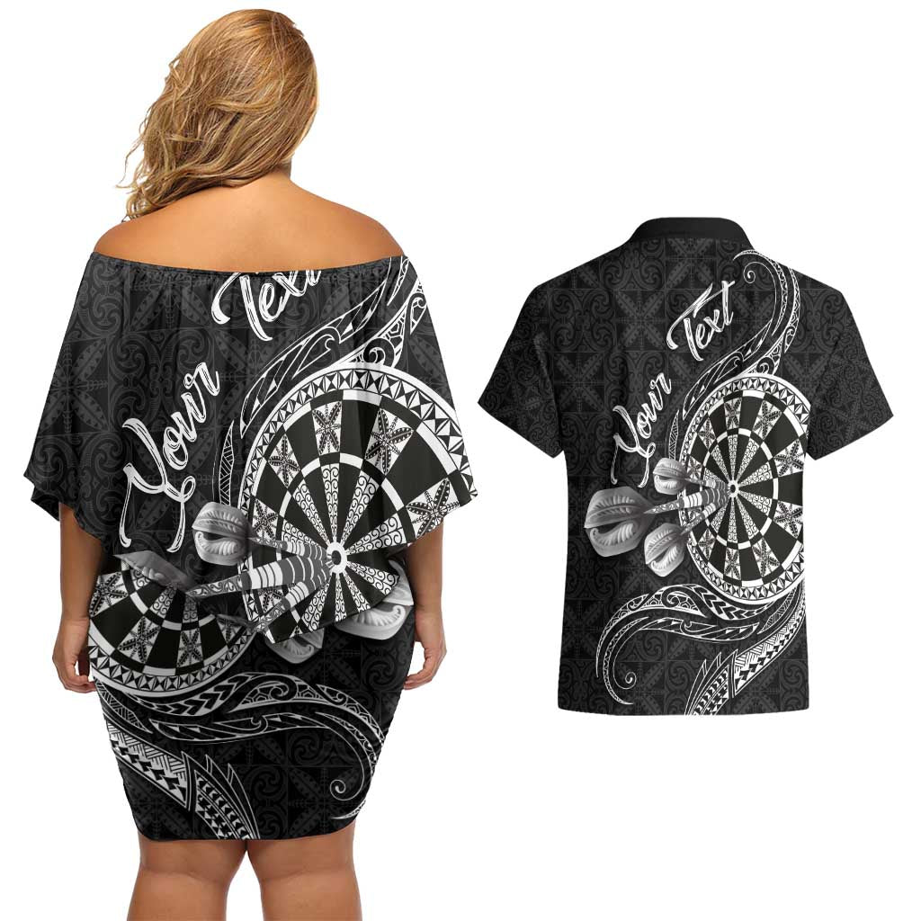 Personalised Niue Darts Masters Couples Matching Off Shoulder Short Dress and Hawaiian Shirt Tribal Hiapo Dartboard - Polynesian Pride