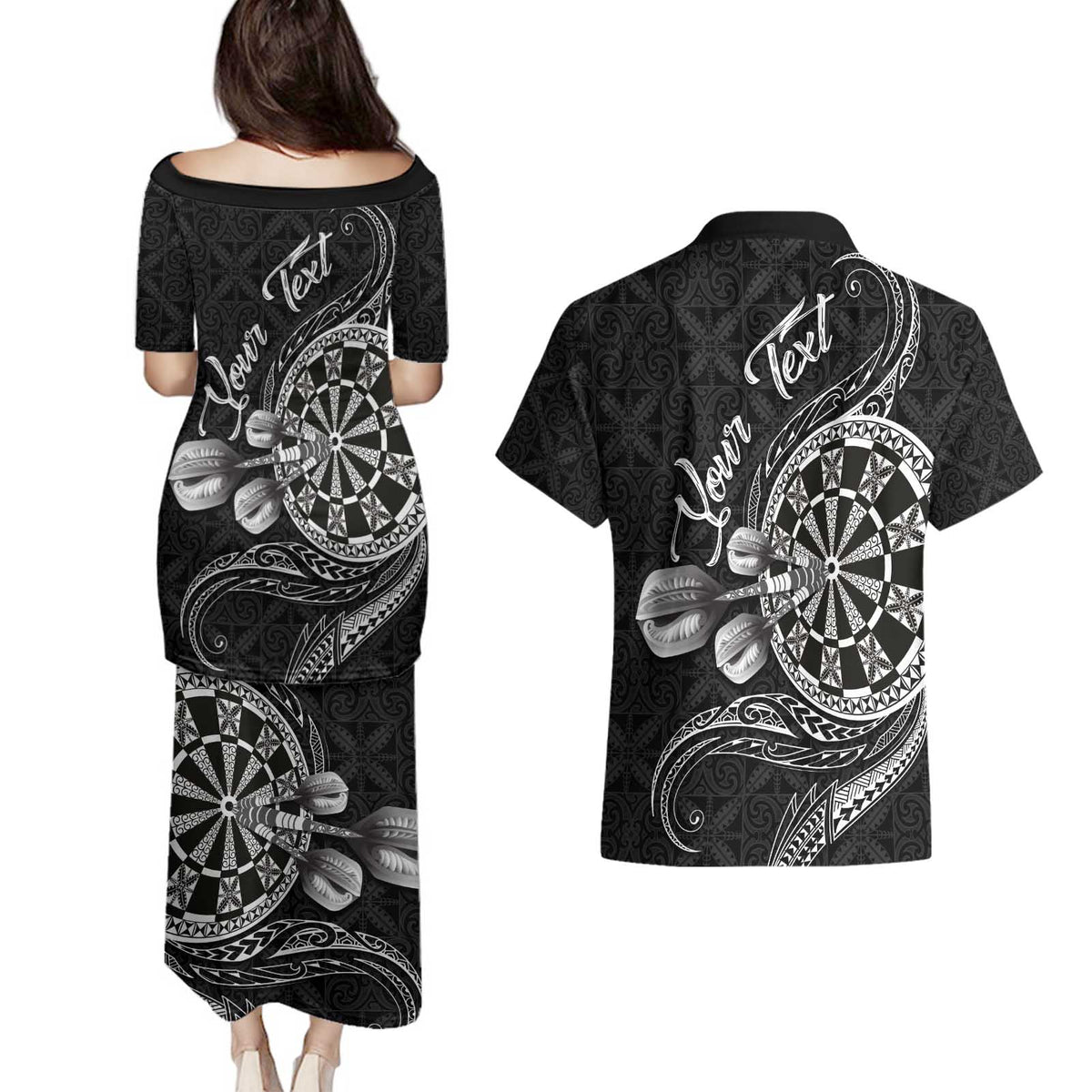 Personalised Niue Darts Masters Couples Matching Puletasi and Hawaiian Shirt Tribal Hiapo Dartboard - Polynesian Pride