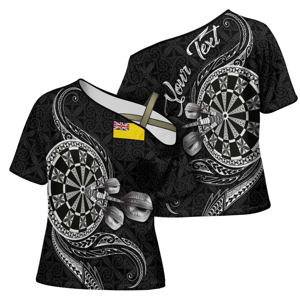 Personalised Niue Darts Masters Cross Shoulder Shirt Tribal Hiapo Dartboard - Polynesian Pride