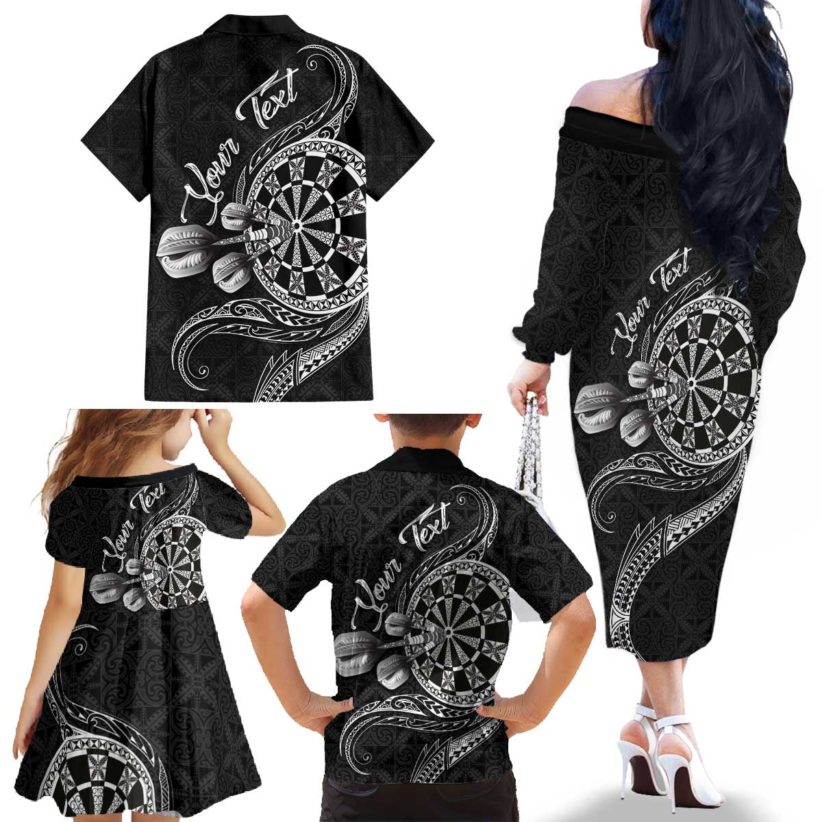 Personalised Niue Darts Masters Family Matching Off The Shoulder Long Sleeve Dress and Hawaiian Shirt Tribal Hiapo Dartboard - Polynesian Pride