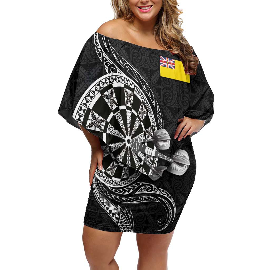Personalised Niue Darts Masters Family Matching Off Shoulder Short Dress and Hawaiian Shirt Tribal Hiapo Dartboard - Polynesian Pride