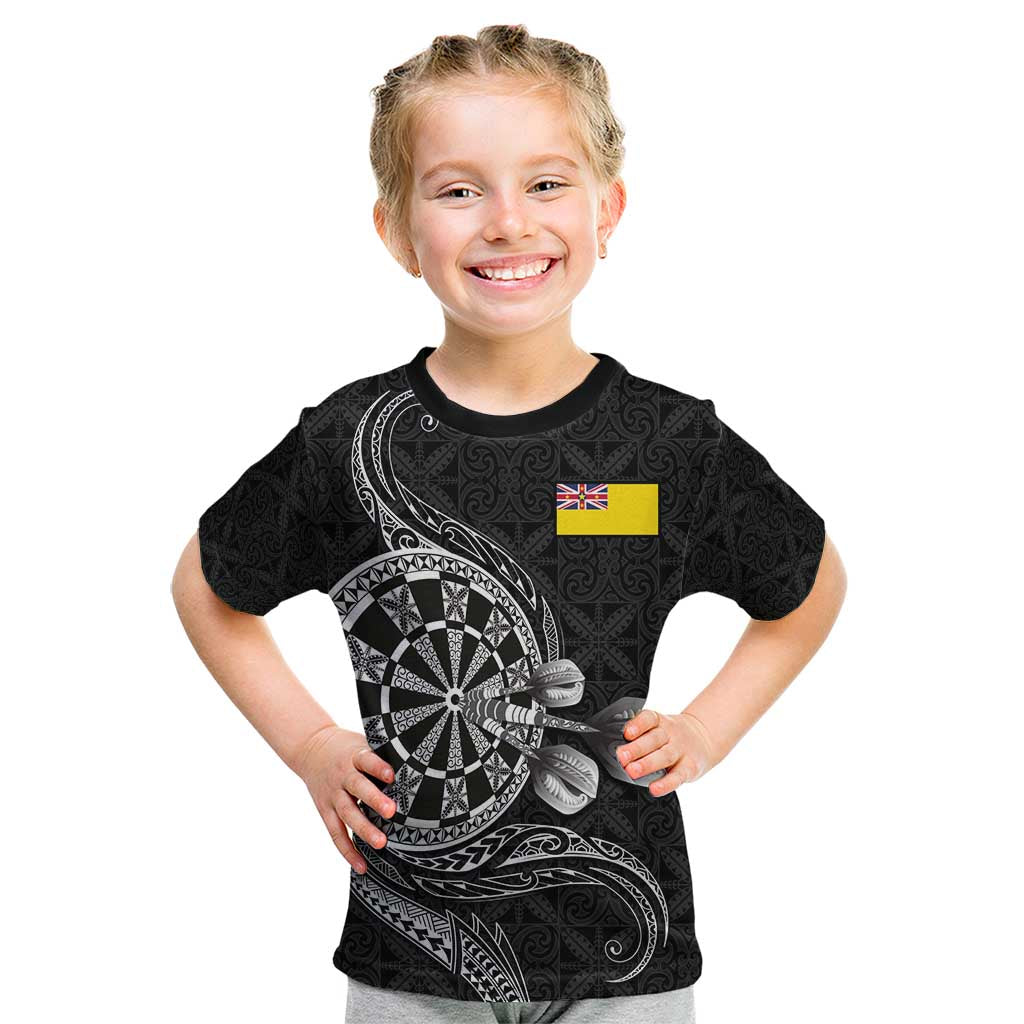 Personalised Niue Darts Masters Kid T Shirt Tribal Hiapo Dartboard - Polynesian Pride