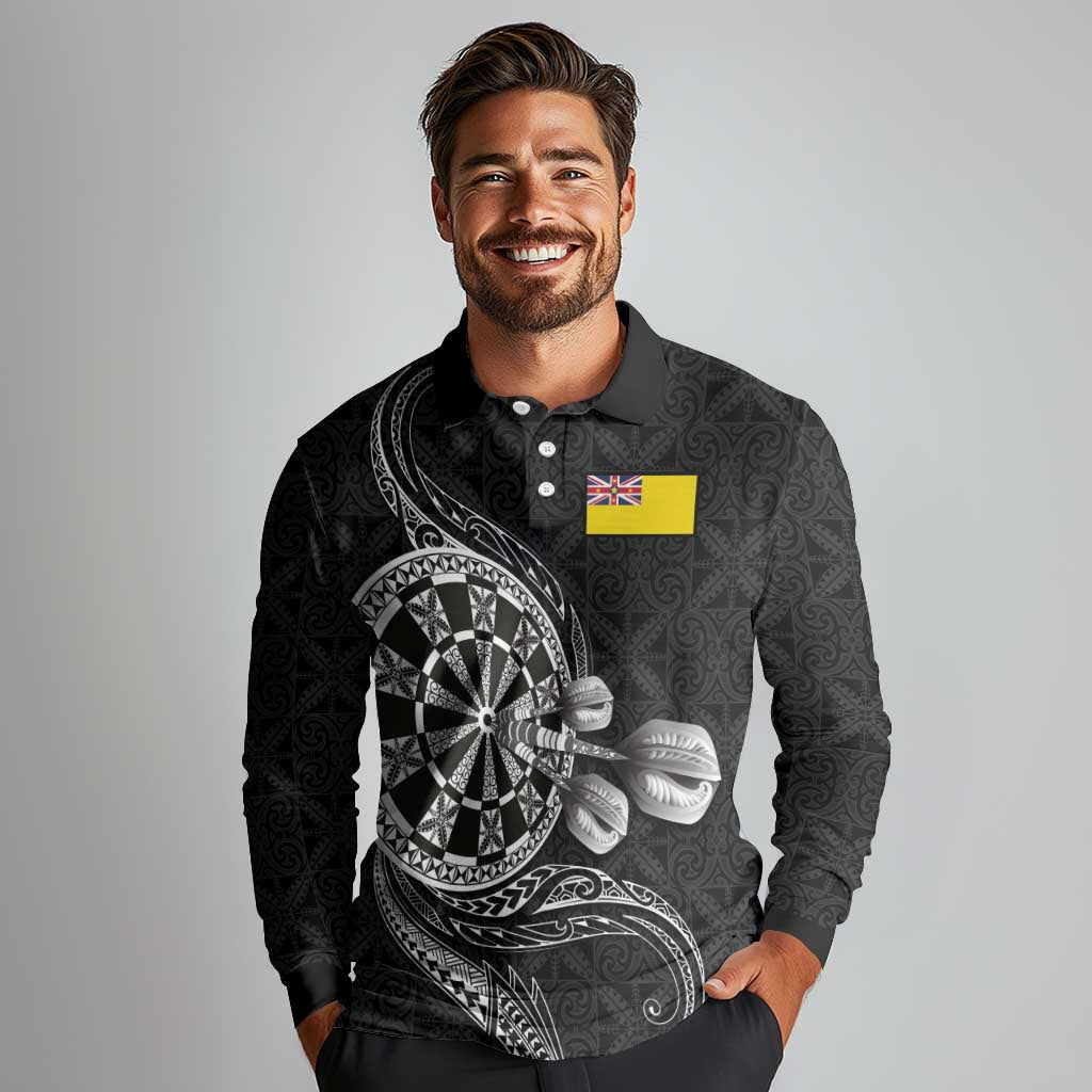 Personalised Niue Darts Masters Long Sleeve Polo Shirt Tribal Hiapo Dartboard - Polynesian Pride