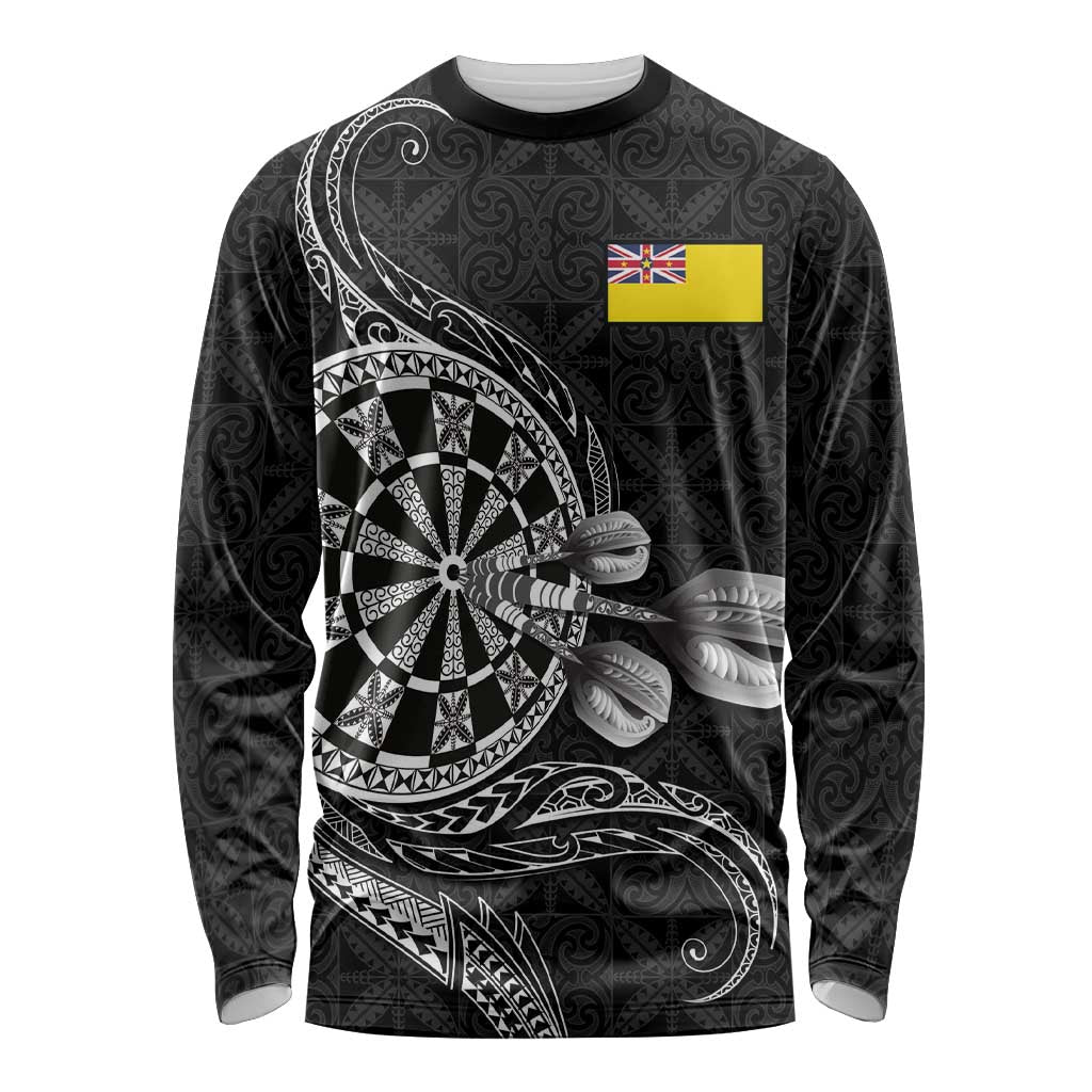 Personalised Niue Darts Masters Long Sleeve Shirt Tribal Hiapo Dartboard - Polynesian Pride