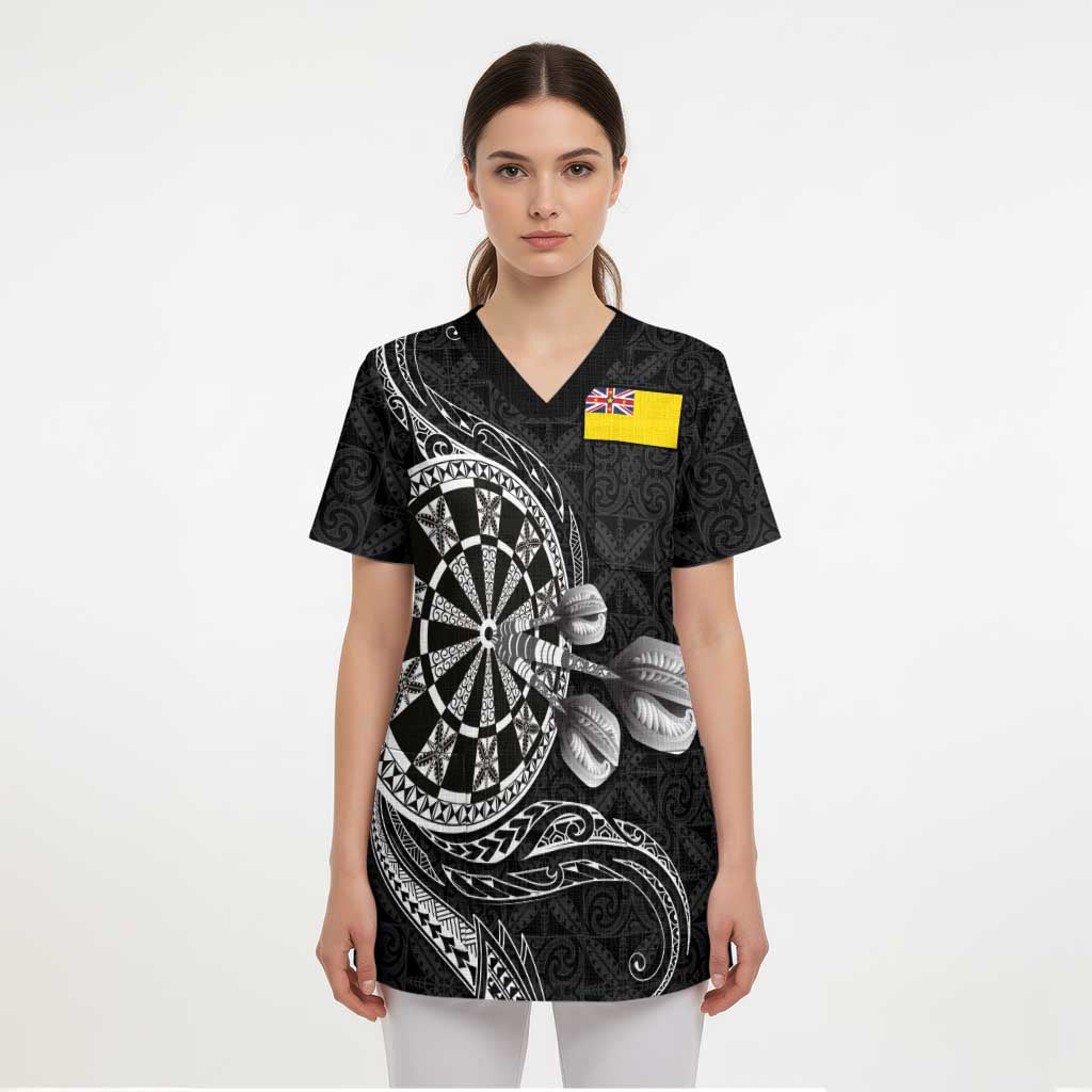 Personalised Niue Darts Masters Scrub Top Tribal Hiapo Dartboard - Polynesian Pride