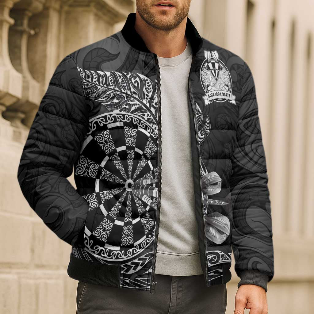 Personalised New Zealand Aotearoa Darts Masters Bomber Puffer Jacket Tribal Silver Fern and Ta Moko Dartboard - Polynesian Pride