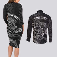 Personalised New Zealand Aotearoa Darts Masters Couples Matching Long Sleeve Bodycon Dress and Long Sleeve Button Shirt Tribal Silver Fern and Ta Moko Dartboard LT03 - Polynesian Pride