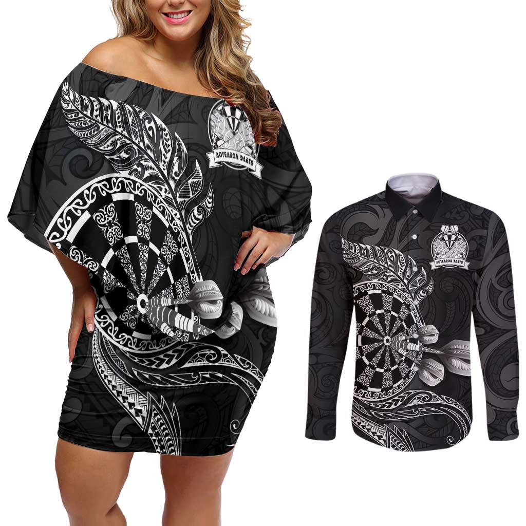 Personalised New Zealand Aotearoa Darts Masters Couples Matching Off Shoulder Short Dress and Long Sleeve Button Shirt Tribal Silver Fern and Ta Moko Dartboard - Polynesian Pride