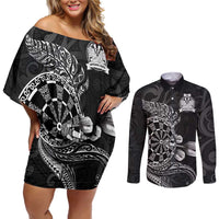 Personalised New Zealand Aotearoa Darts Masters Couples Matching Off Shoulder Short Dress and Long Sleeve Button Shirt Tribal Silver Fern and Ta Moko Dartboard - Polynesian Pride