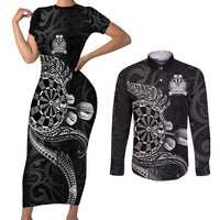 Personalised New Zealand Aotearoa Darts Masters Couples Matching Short Sleeve Bodycon Dress and Long Sleeve Button Shirt Tribal Silver Fern and Ta Moko Dartboard - Polynesian Pride