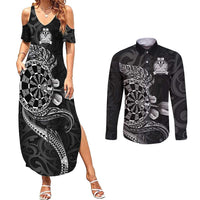 Personalised New Zealand Aotearoa Darts Masters Couples Matching Summer Maxi Dress and Long Sleeve Button Shirt Tribal Silver Fern and Ta Moko Dartboard - Polynesian Pride