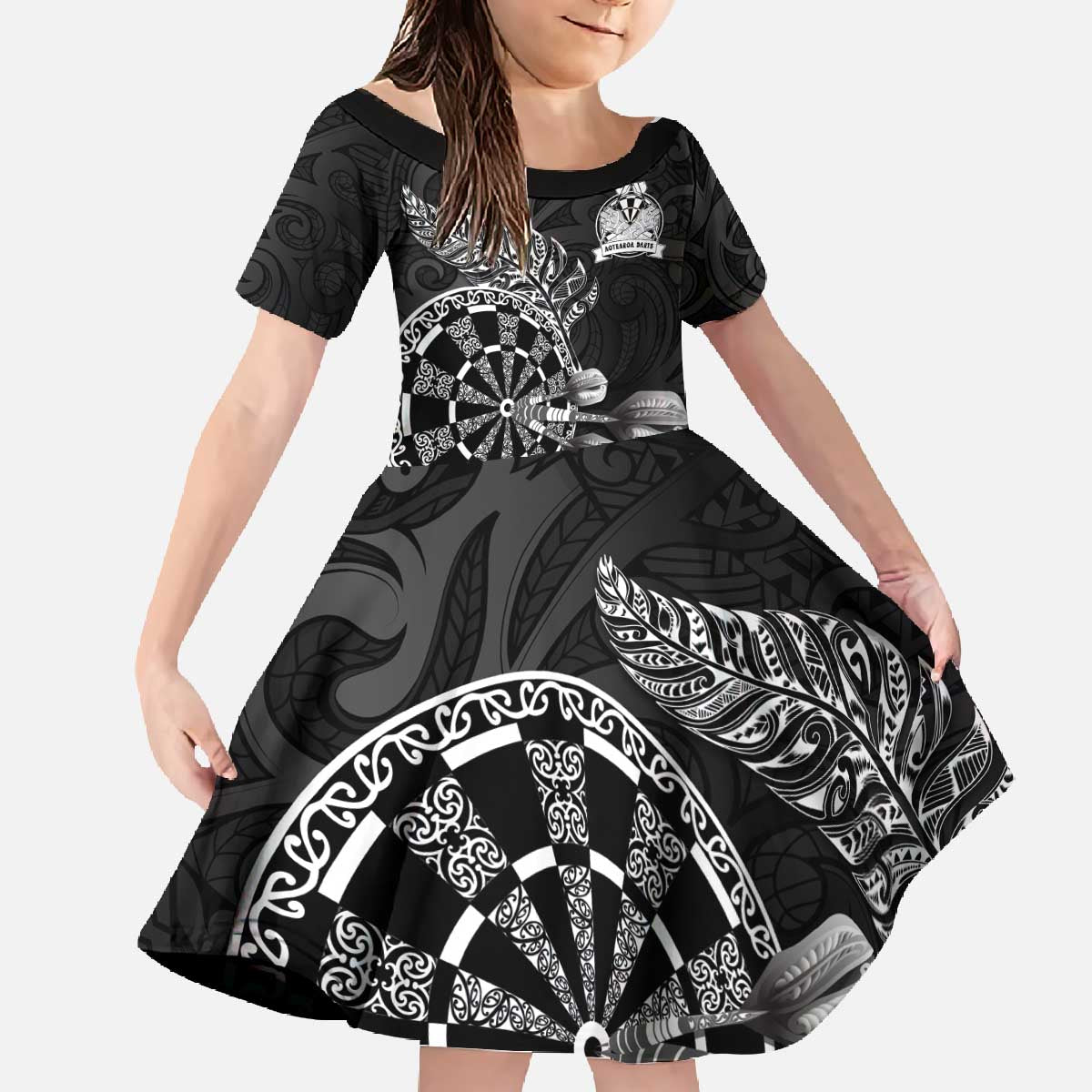 Personalised New Zealand Aotearoa Darts Masters Family Matching Off The Shoulder Long Sleeve Dress and Hawaiian Shirt Tribal Silver Fern and Ta Moko Dartboard - Polynesian Pride