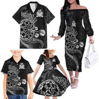 Personalised New Zealand Aotearoa Darts Masters Family Matching Off The Shoulder Long Sleeve Dress and Hawaiian Shirt Tribal Silver Fern and Ta Moko Dartboard - Polynesian Pride