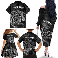 Personalised New Zealand Aotearoa Darts Masters Family Matching Off The Shoulder Long Sleeve Dress and Hawaiian Shirt Tribal Silver Fern and Ta Moko Dartboard - Polynesian Pride