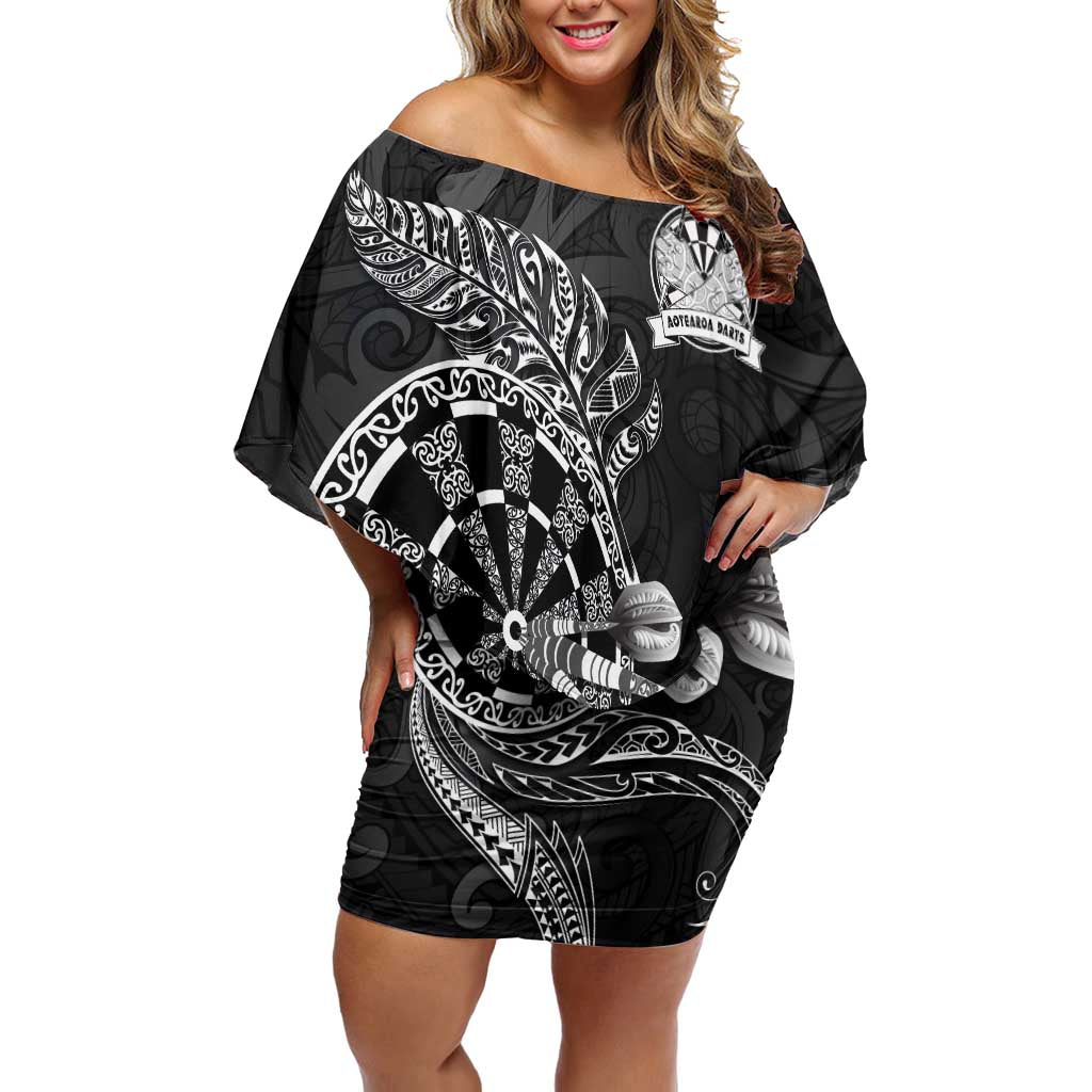 Personalised New Zealand Aotearoa Darts Masters Family Matching Off Shoulder Short Dress and Hawaiian Shirt Tribal Silver Fern and Ta Moko Dartboard - Polynesian Pride