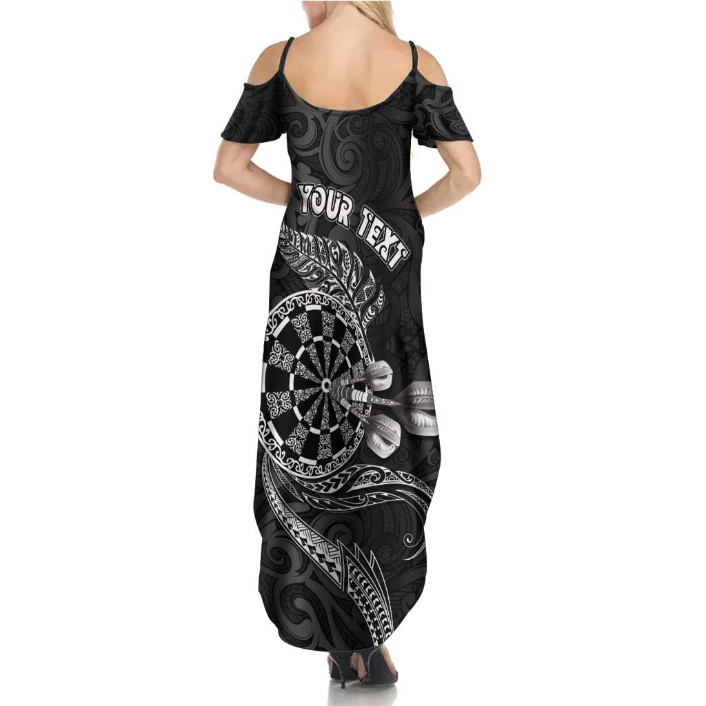 Personalised New Zealand Aotearoa Darts Masters Family Matching Summer Maxi Dress and Hawaiian Shirt Tribal Silver Fern and Ta Moko Dartboard - Polynesian Pride